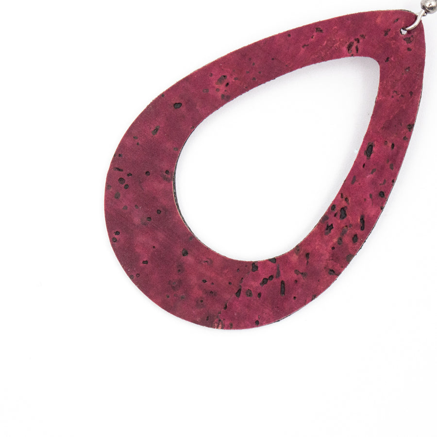 Wine Red Natural Cork Teardrop Hoop Earrings