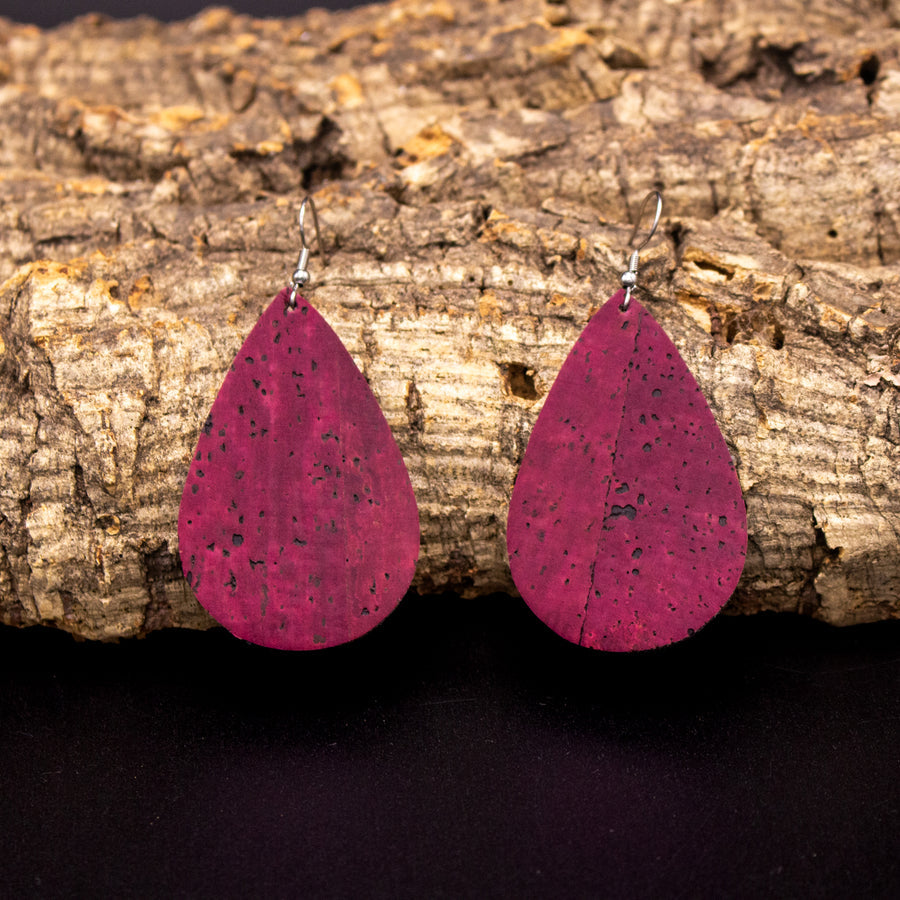 Wine Red Natural Cork Teardrop Earrings