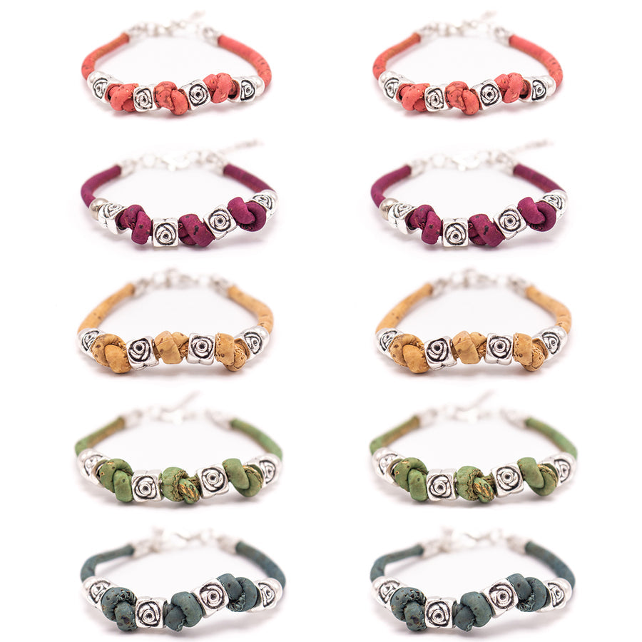 Knotted Rose Natural Cork Bracelet - Various Colours