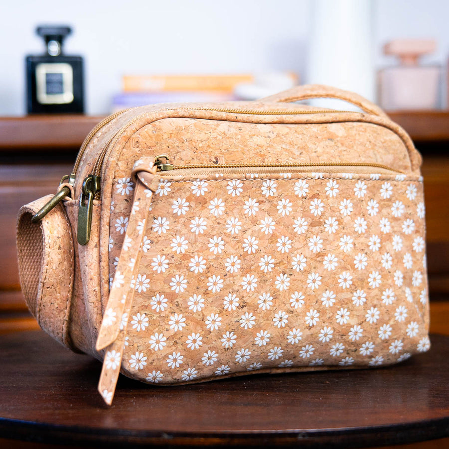 Daisy Patterned Natural Cork Crossbody Bag