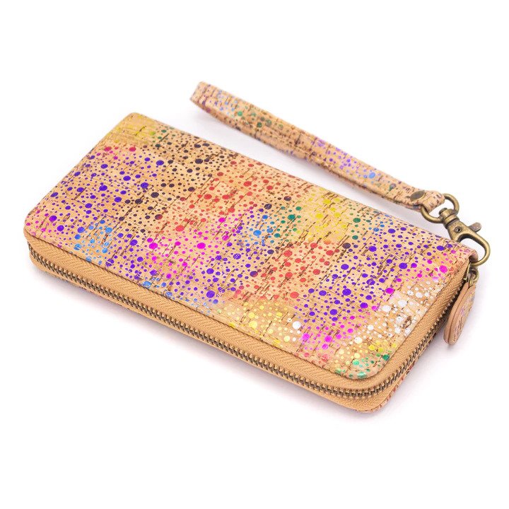 Rainbow Metallic Dots Natural Cork Long Purse