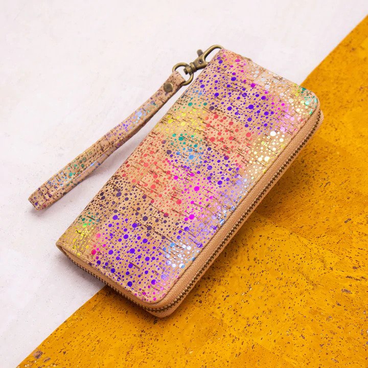 Rainbow Metallic Dots Natural Cork Long Purse