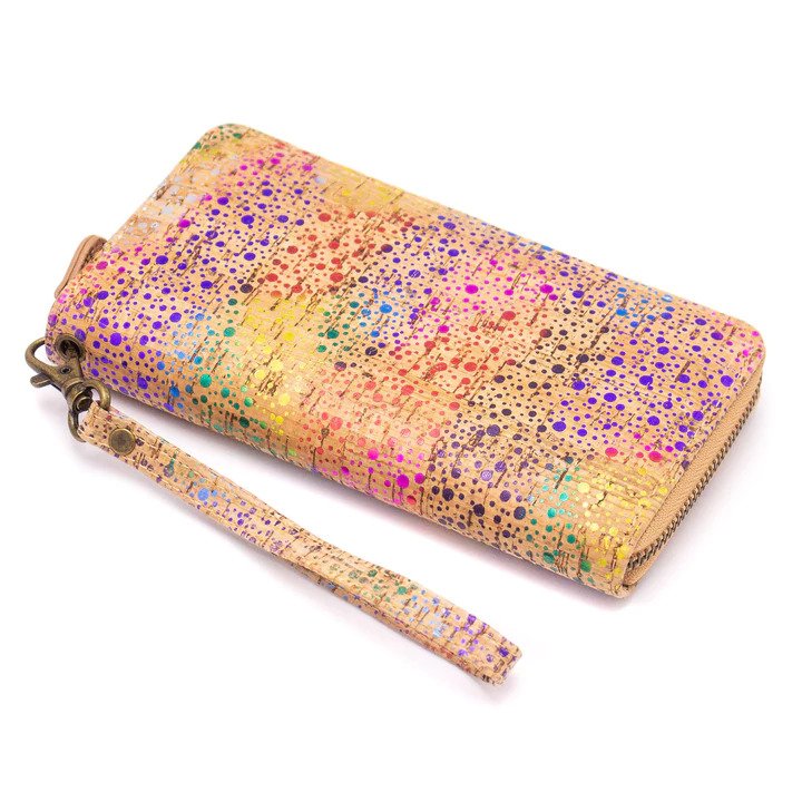Rainbow Metallic Dots Natural Cork Long Purse