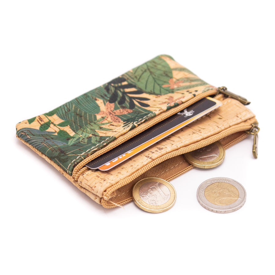Green Leafy Patterned Cork Coin Purse