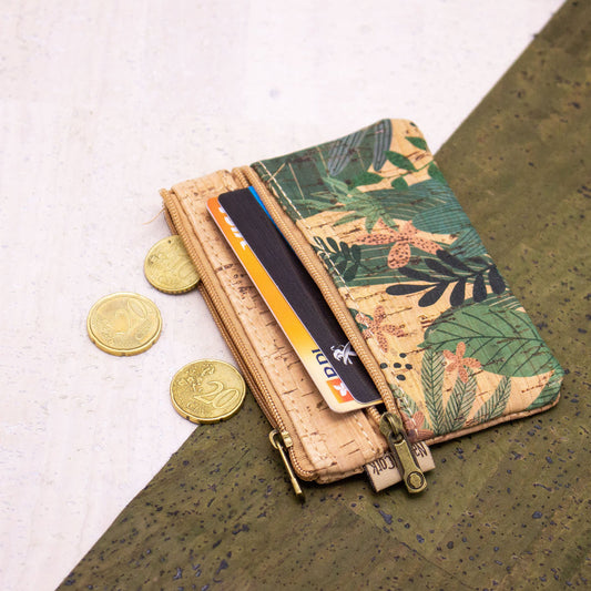 Green Leafy Patterned Cork Coin Purse